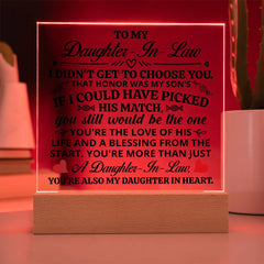 Square Acrylic Plaque – Custom LED Lighted Display with Wooden Base (Daughter-in-Law)