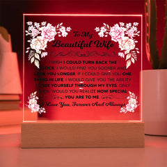 Square Acrylic Plaque – Custom LED Lighted Display with Wooden Base (Wife)