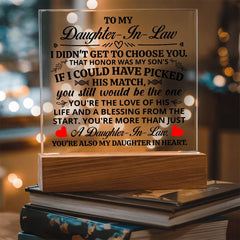 Square Acrylic Plaque – Custom LED Lighted Display with Wooden Base (Daughter-in-Law)