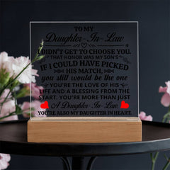 Square Acrylic Plaque – Custom LED Lighted Display with Wooden Base (Daughter-in-Law)