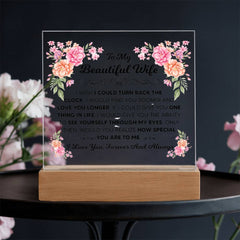Square Acrylic Plaque – Custom LED Lighted Display with Wooden Base (Wife)