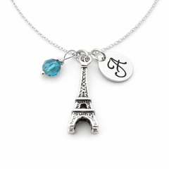 Eiffel Tower Necklace – Sterling Silver with Birthstone & Initial Charm