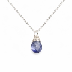 Dainty Iolite Briolette Necklace – Wire Wrapped Gemstone – Sterling Silver – Minimal Everyday Jewelry