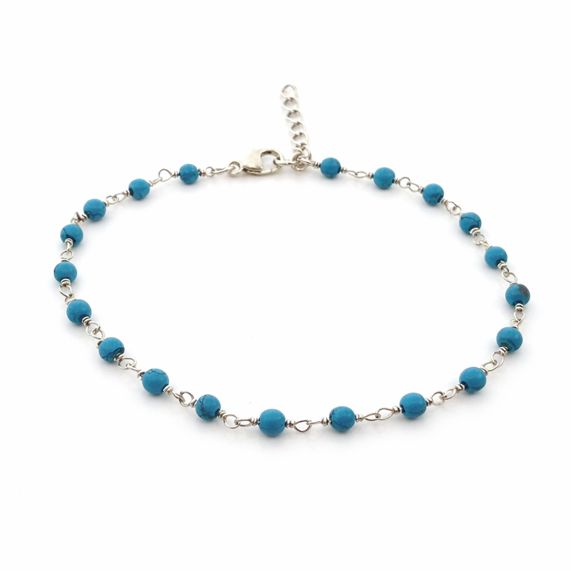 Delicate Turquoise Gemstone Wire Wrapped Bracelet – Sterling Silver Beaded Bracelet – Adjustable 7–8 Inch Handmade Jewelry