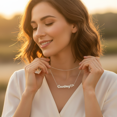 Woman Wearing Heart Name Necklace